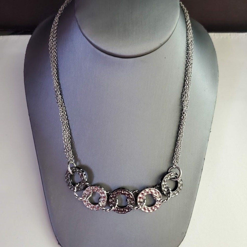 Lia Sophia Hammered Multi Strand Silver Gunmetal Circle Statement Necklace